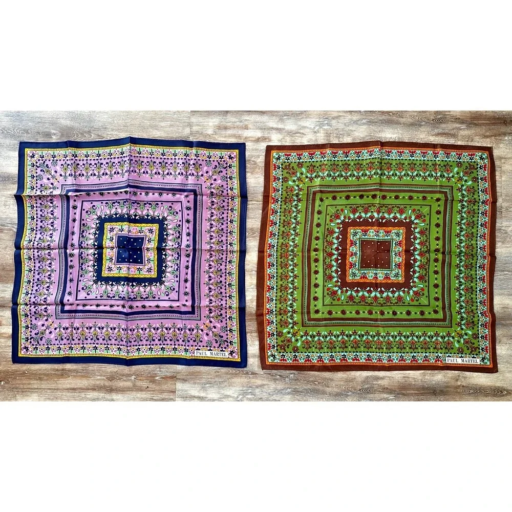 Vtg Paul Martel Scarf Set Purple Green Geometric Floral Boho MCM Square 26x26